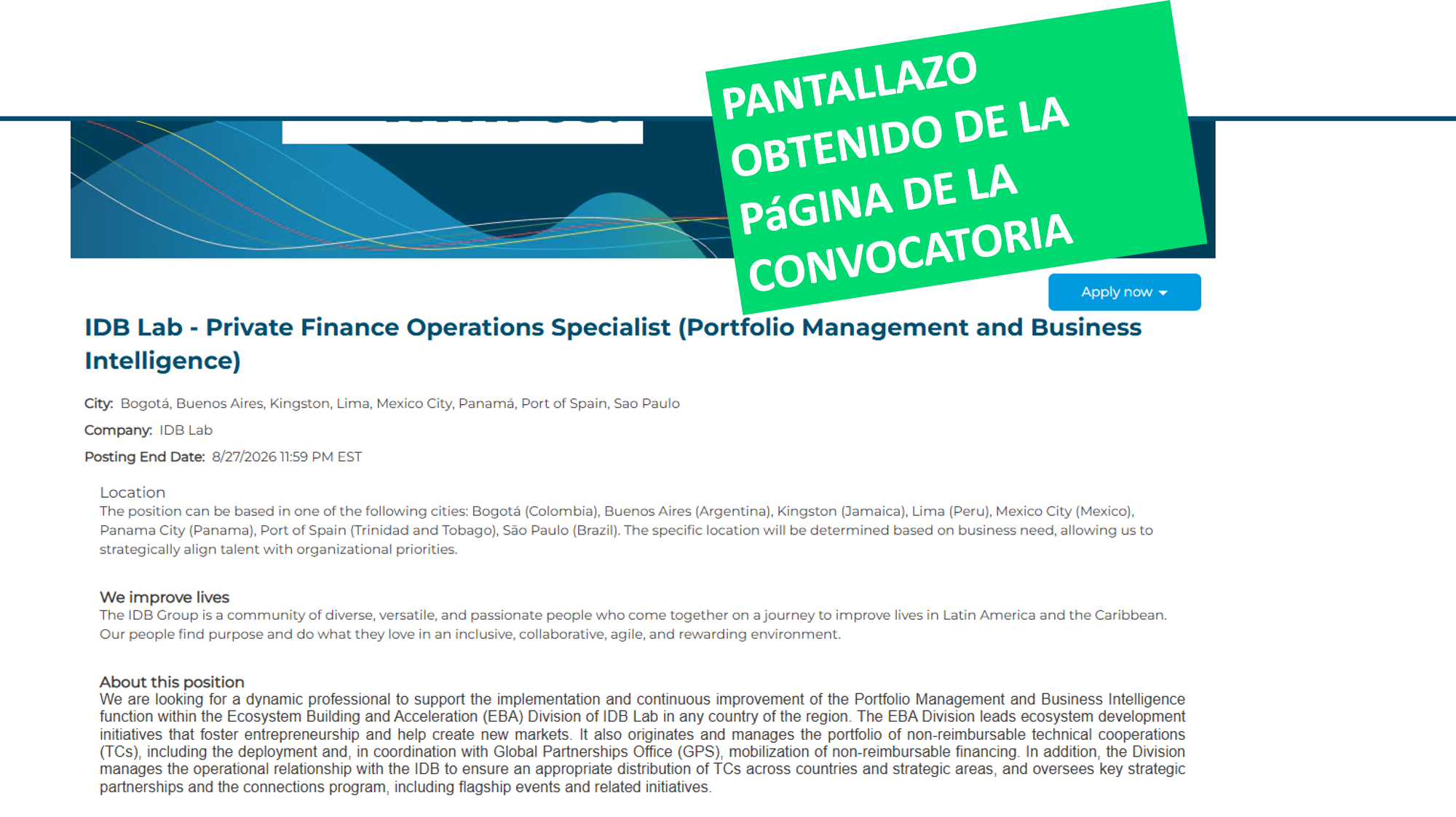 IDB Lab - Private Finance Operations Specialist (Portfolio Management and Business Intelligence)